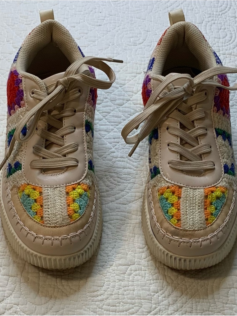 Lucky Step Beige with Multicolor Crochet Chunky Platform Sneakers